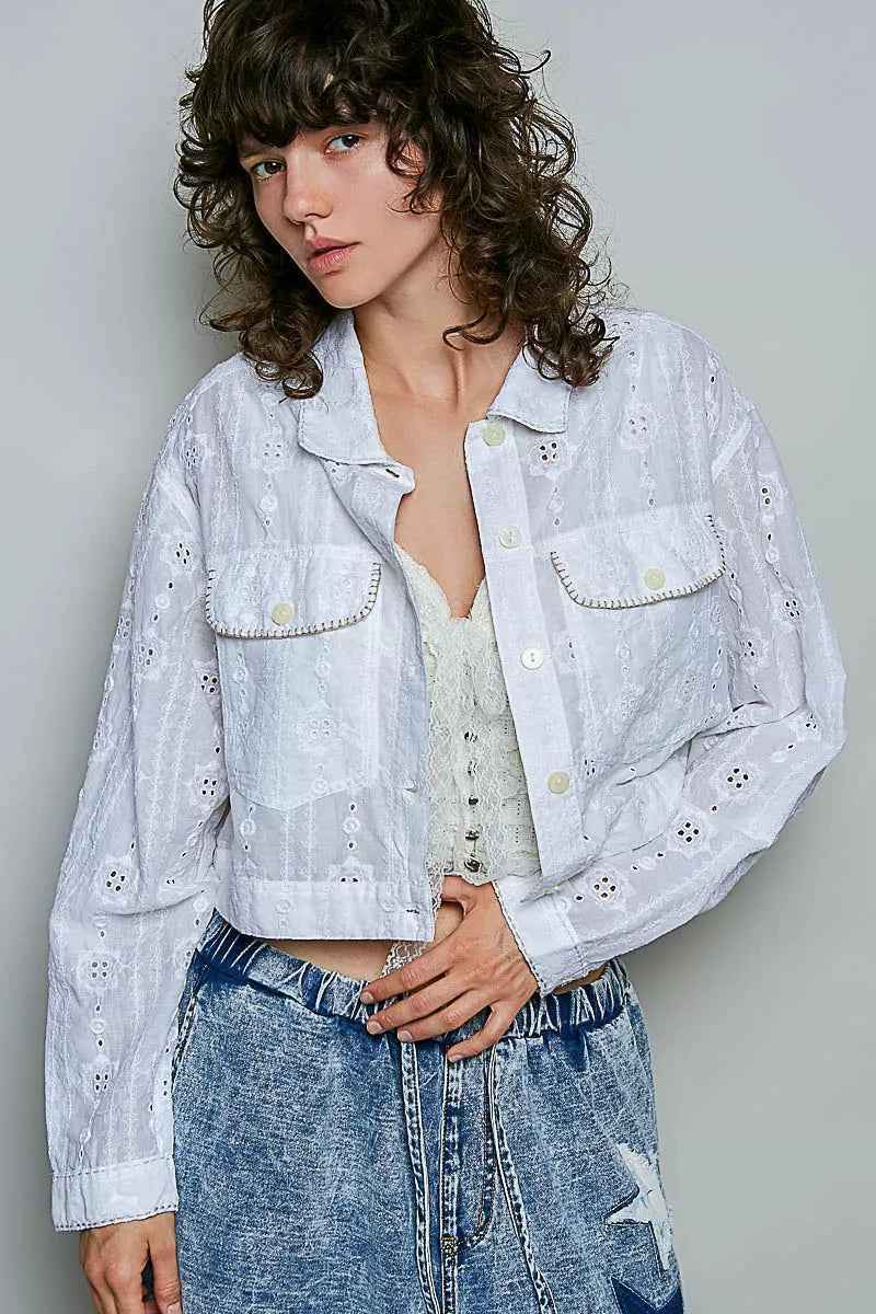 Off White Eyelet Textured Cotton Cropped Button Front Jacket by POL