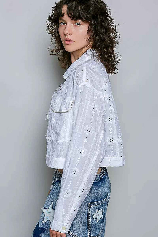 Off White Eyelet Textured Cotton Cropped Button Front Jacket by POL