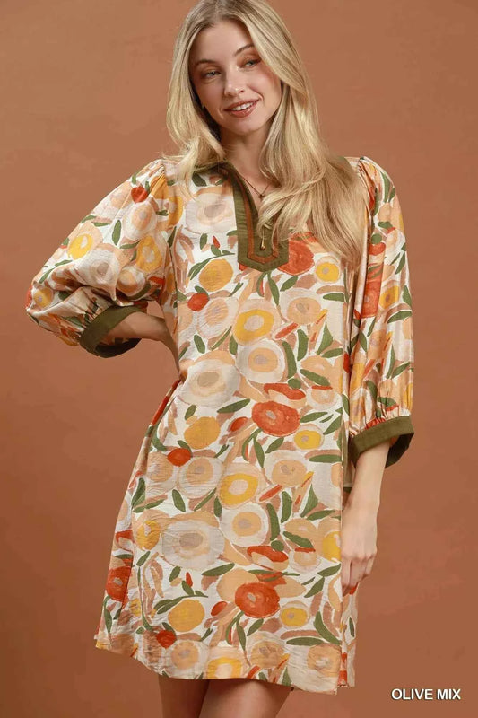 Olive Mix Floral Contrast Trim Shift Mini Dress with Pockets by Umgee