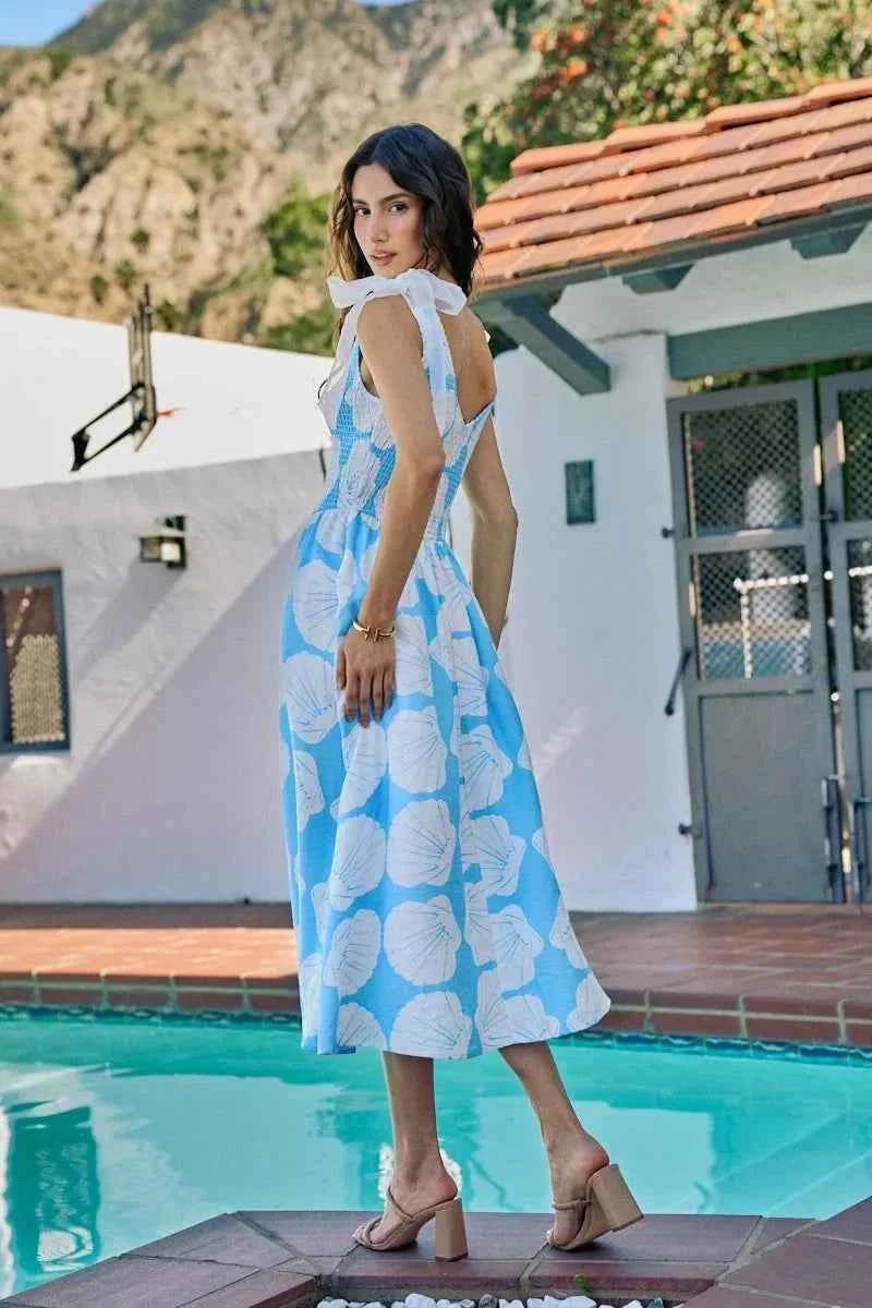 Blue Shell Smocked Bodice Shoulder Tie Lined Midi Dress by SO ME