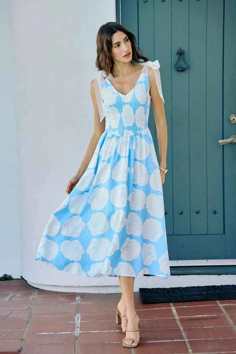 Blue Shell Smocked Bodice Shoulder Tie Lined Midi Dress by SO ME