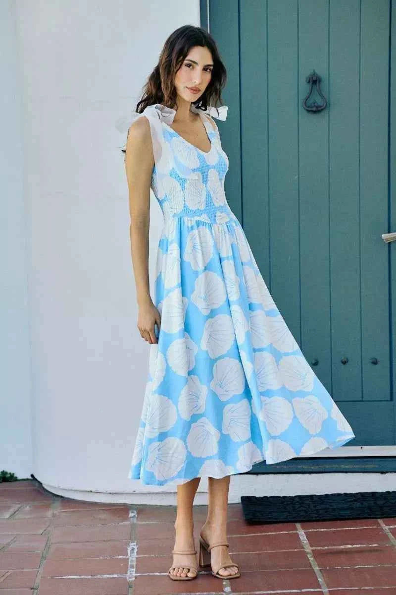 Blue Shell Smocked Bodice Shoulder Tie Lined Midi Dress by SO ME
