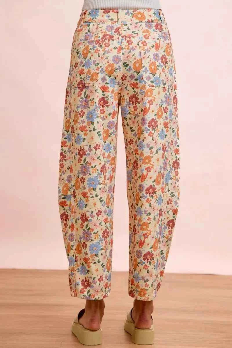 Cream Multi Washed Floral Printed Twill Barrel Pants by BiBi