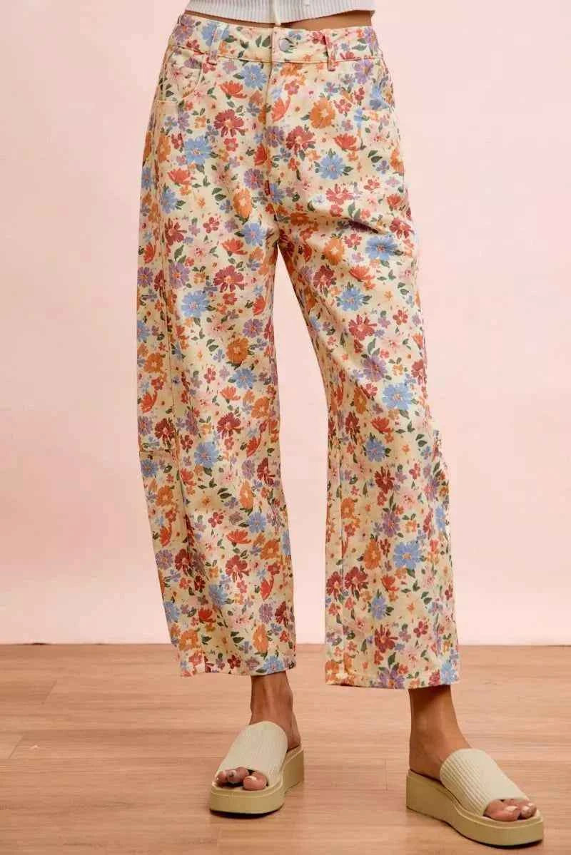 Cream Multi Washed Floral Printed Twill Barrel Pants by BiBi