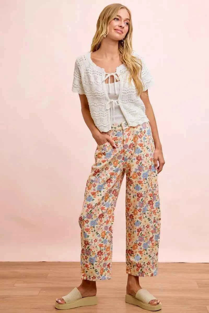 Cream Multi Washed Floral Printed Twill Barrel Pants by BiBi