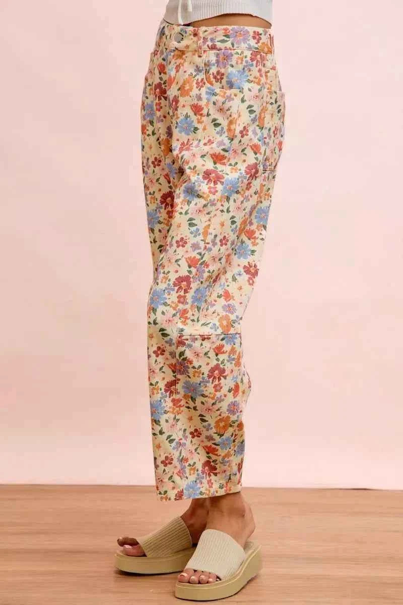 Cream Multi Washed Floral Printed Twill Barrel Pants by BiBi