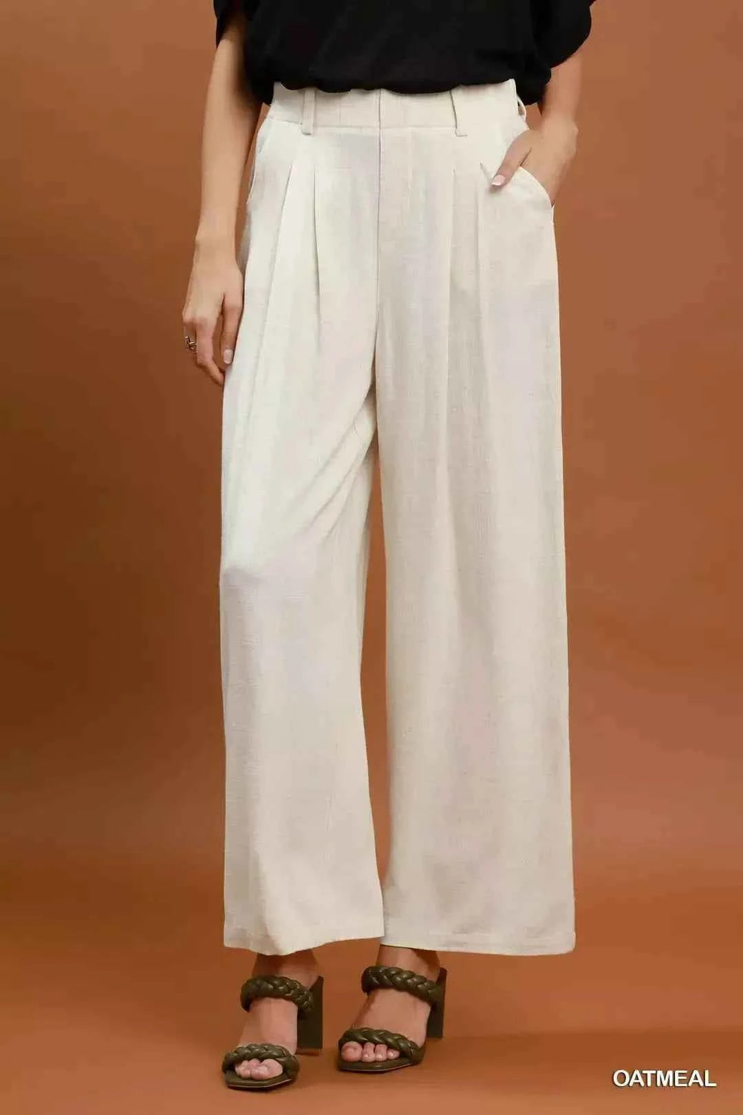 Oatmeal High Waist Linen Blend Wide Leg Trousers by Umgee