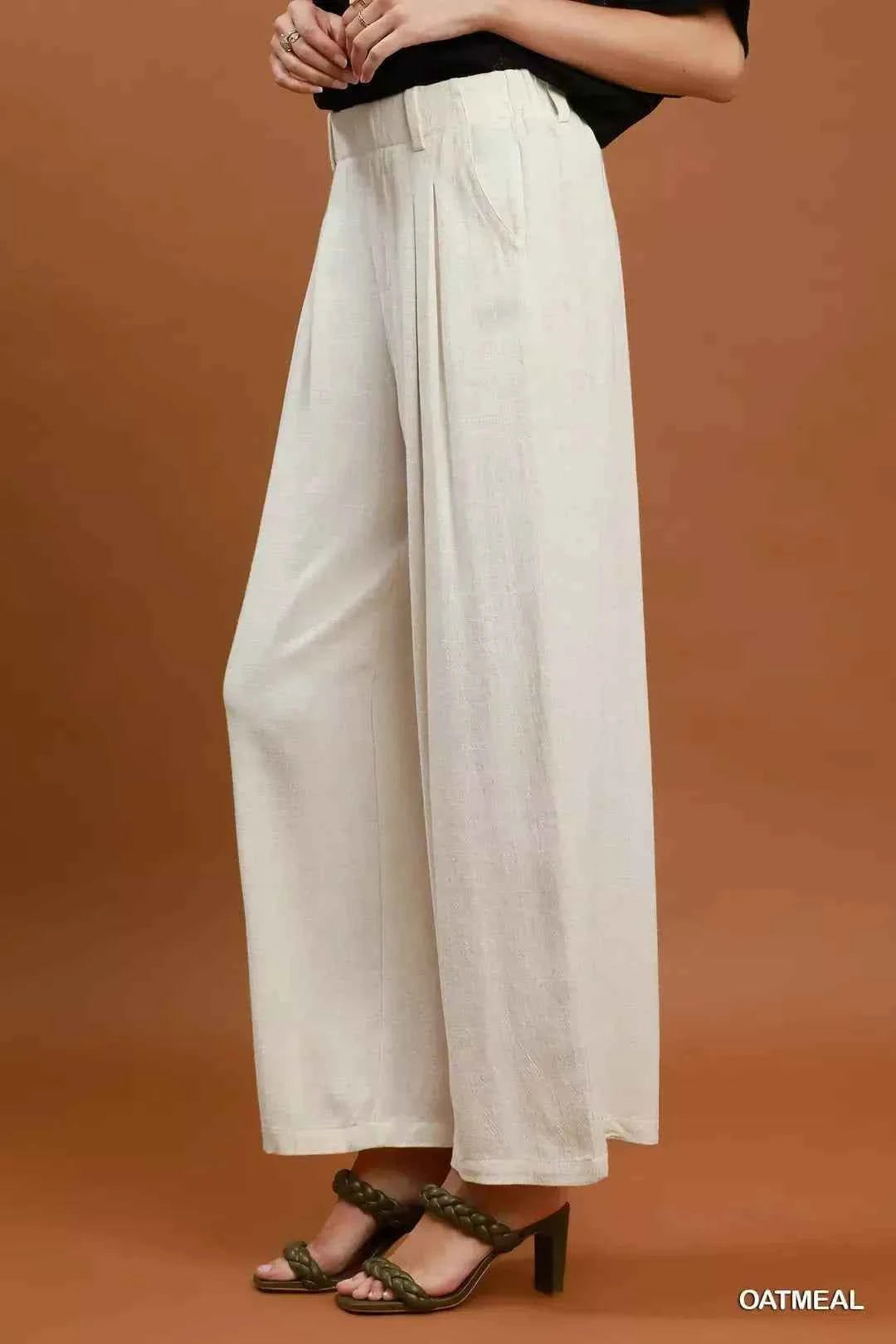 Oatmeal High Waist Linen Blend Wide Leg Trousers by Umgee