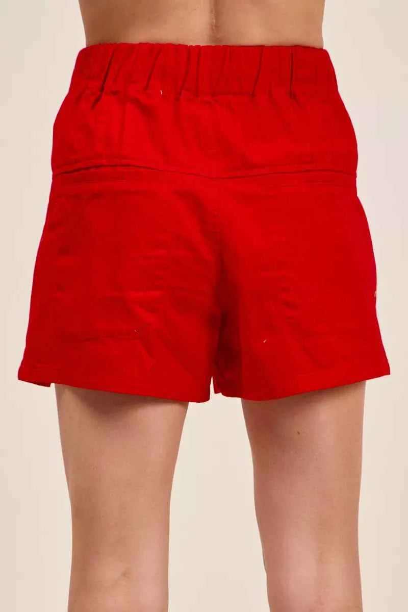 Red High Waist Pintucked Button Front Shorts with Adjustable Waist Tie by SO ME