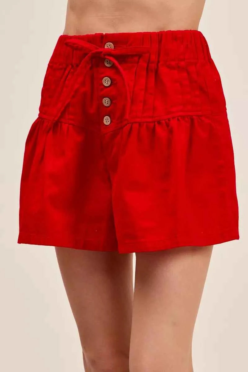 Red High Waist Pintucked Button Front Shorts with Adjustable Waist Tie by SO ME