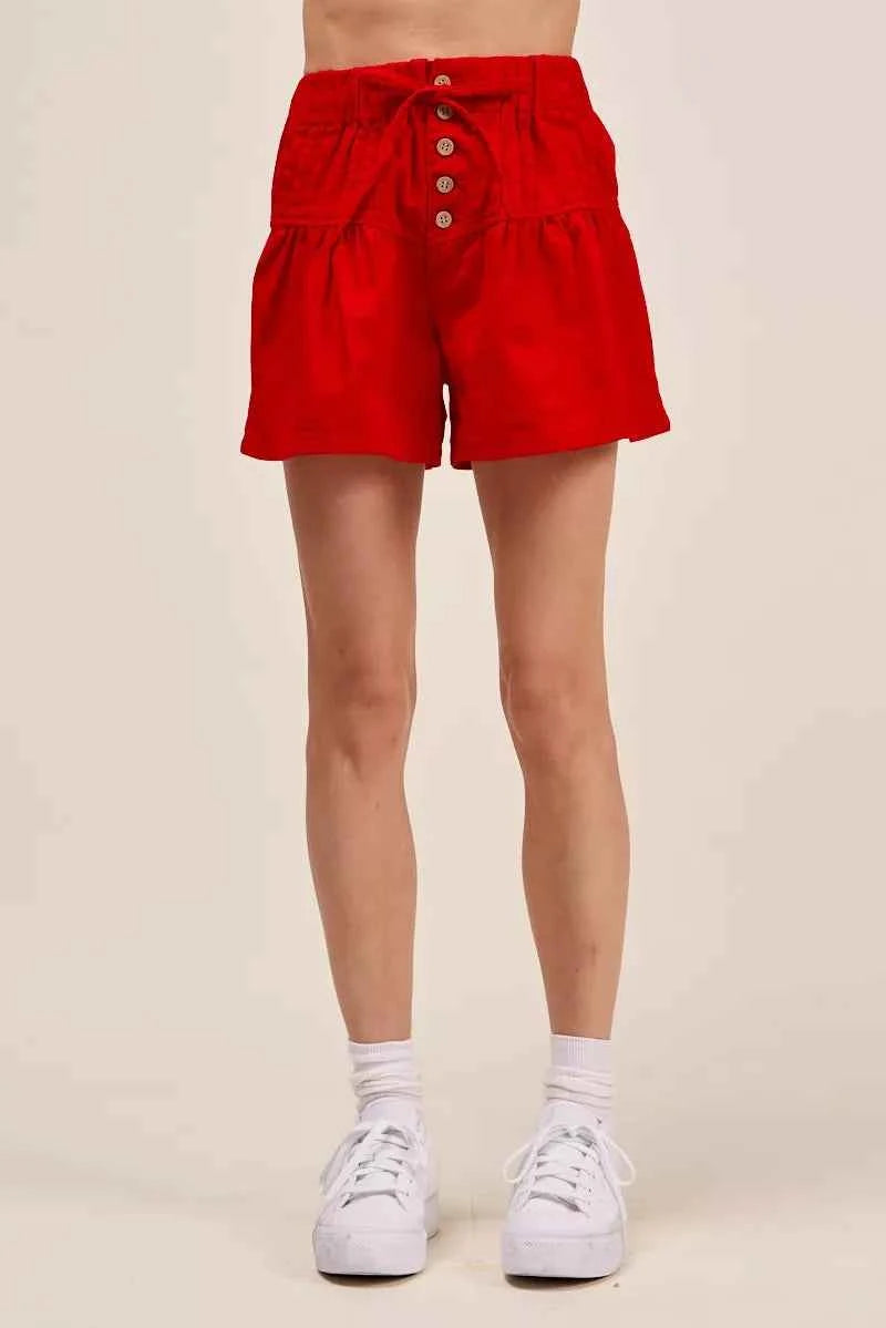 Red High Waist Pintucked Button Front Shorts with Adjustable Waist Tie by SO ME