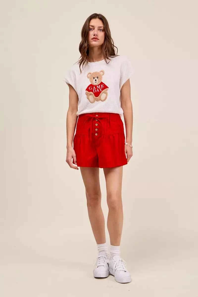Red High Waist Pintucked Button Front Shorts with Adjustable Waist Tie by SO ME