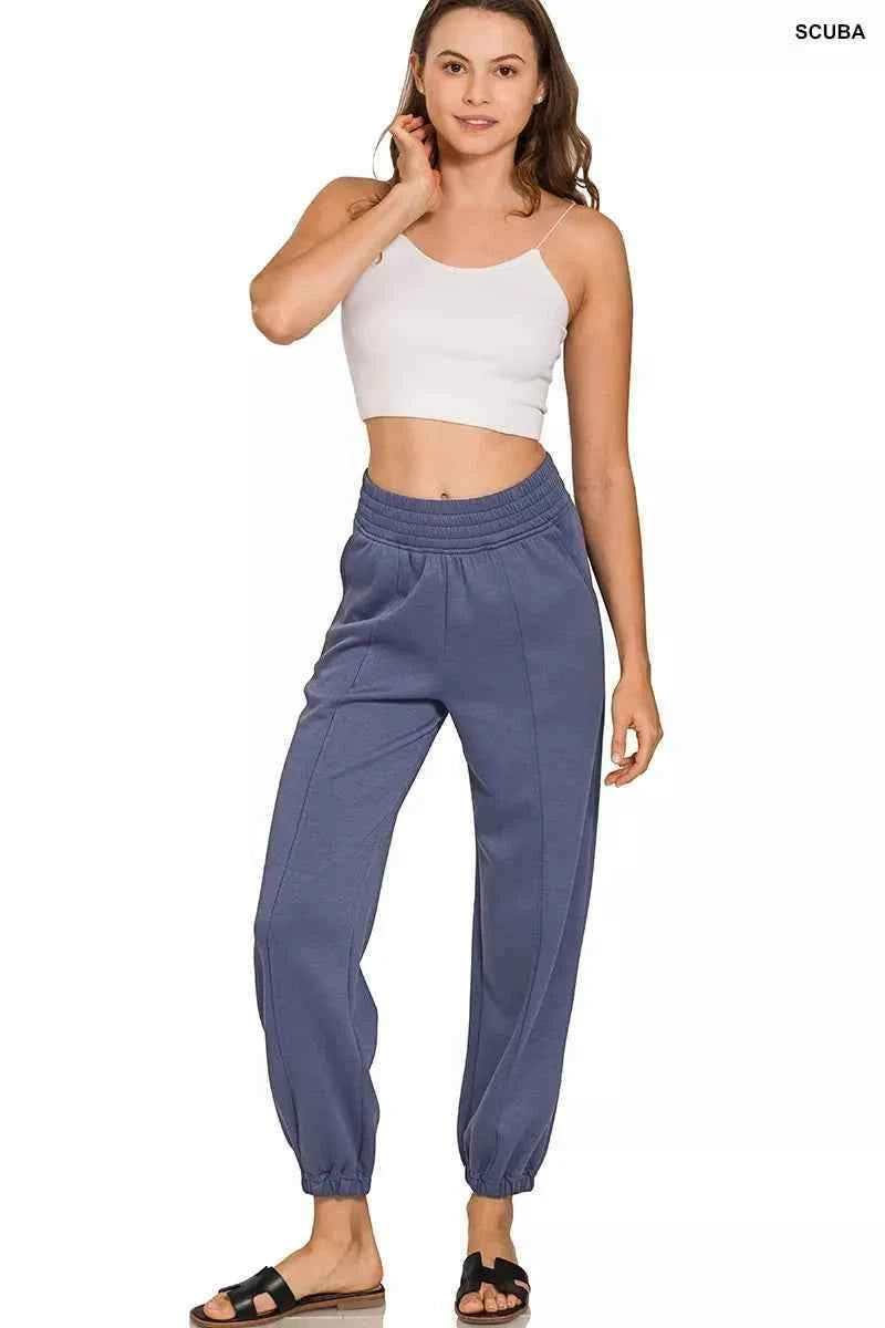 Blue Indigo Scuba Elastic Waist Joggers with Pockets by Zenana