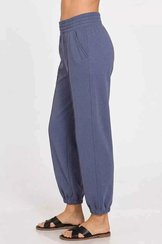 Blue Indigo Scuba Elastic Waist Joggers with Pockets by Zenana