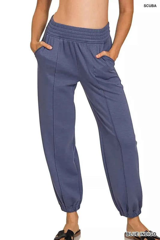 Blue Indigo Scuba Elastic Waist Joggers with Pockets by Zenana