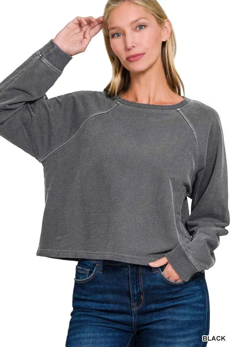Black Washed French Terry Pullover & Pants Set with Pockets by Zenana