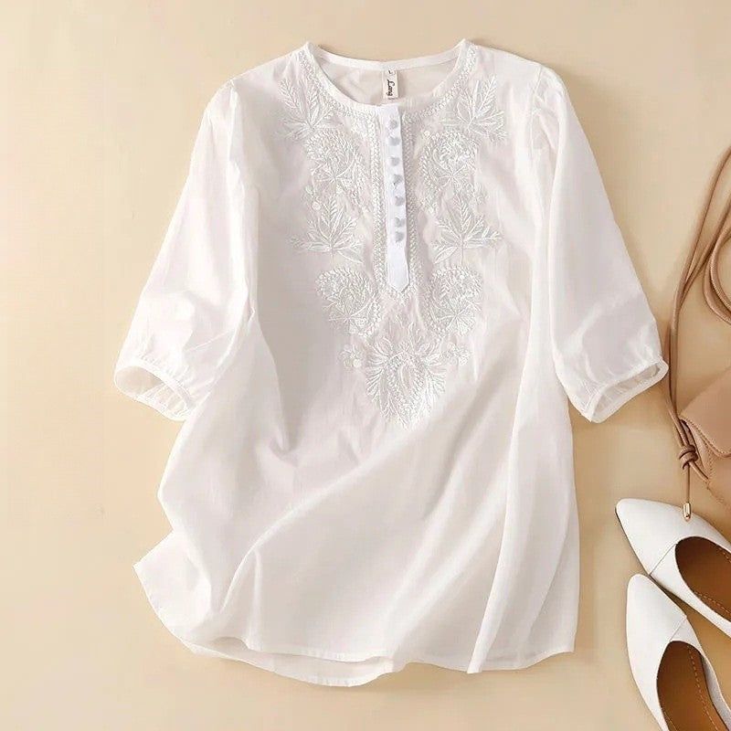 Embroidered Cotton Linen Loose Fit Round Neck Top