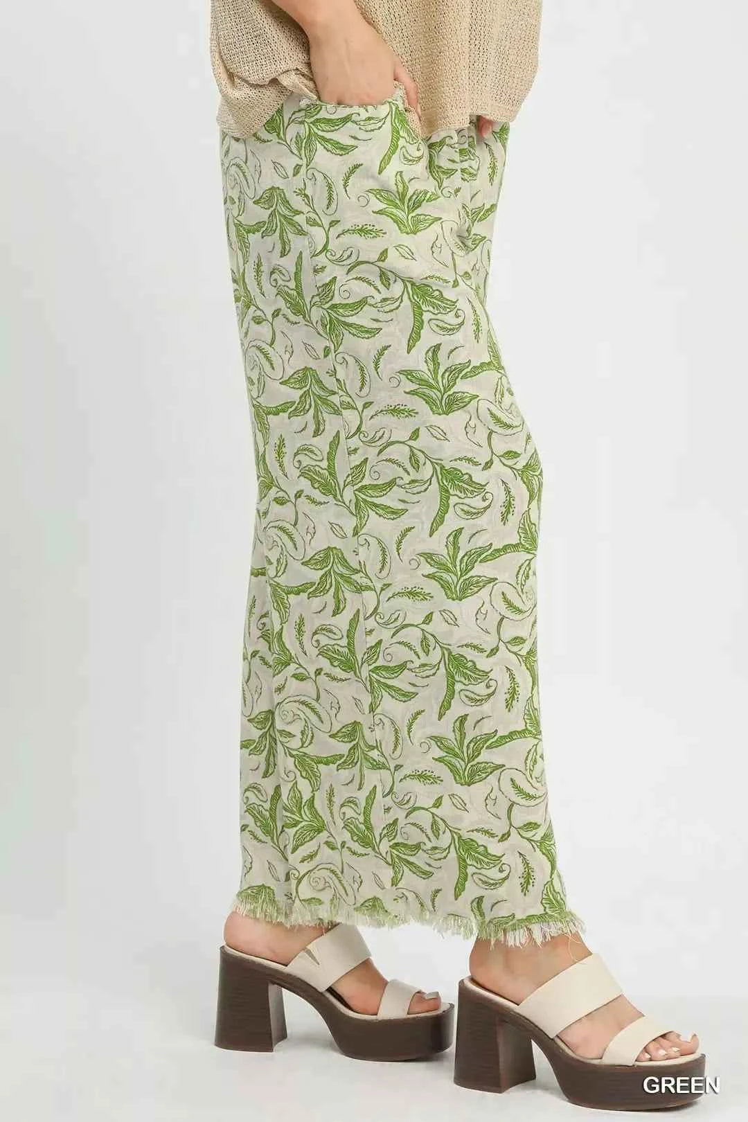 Umgee Linen Printed Wide Leg Raw Hem Pants