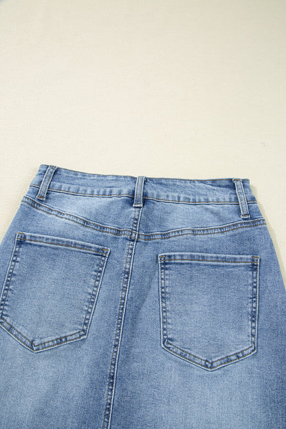 Myosotis Distressed Hem Denim Midi Skirt Irregular Look