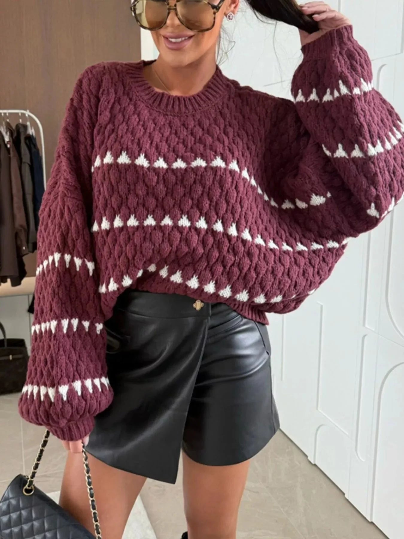 Striped Chunky Knit Sweater with Balloon Sleeves