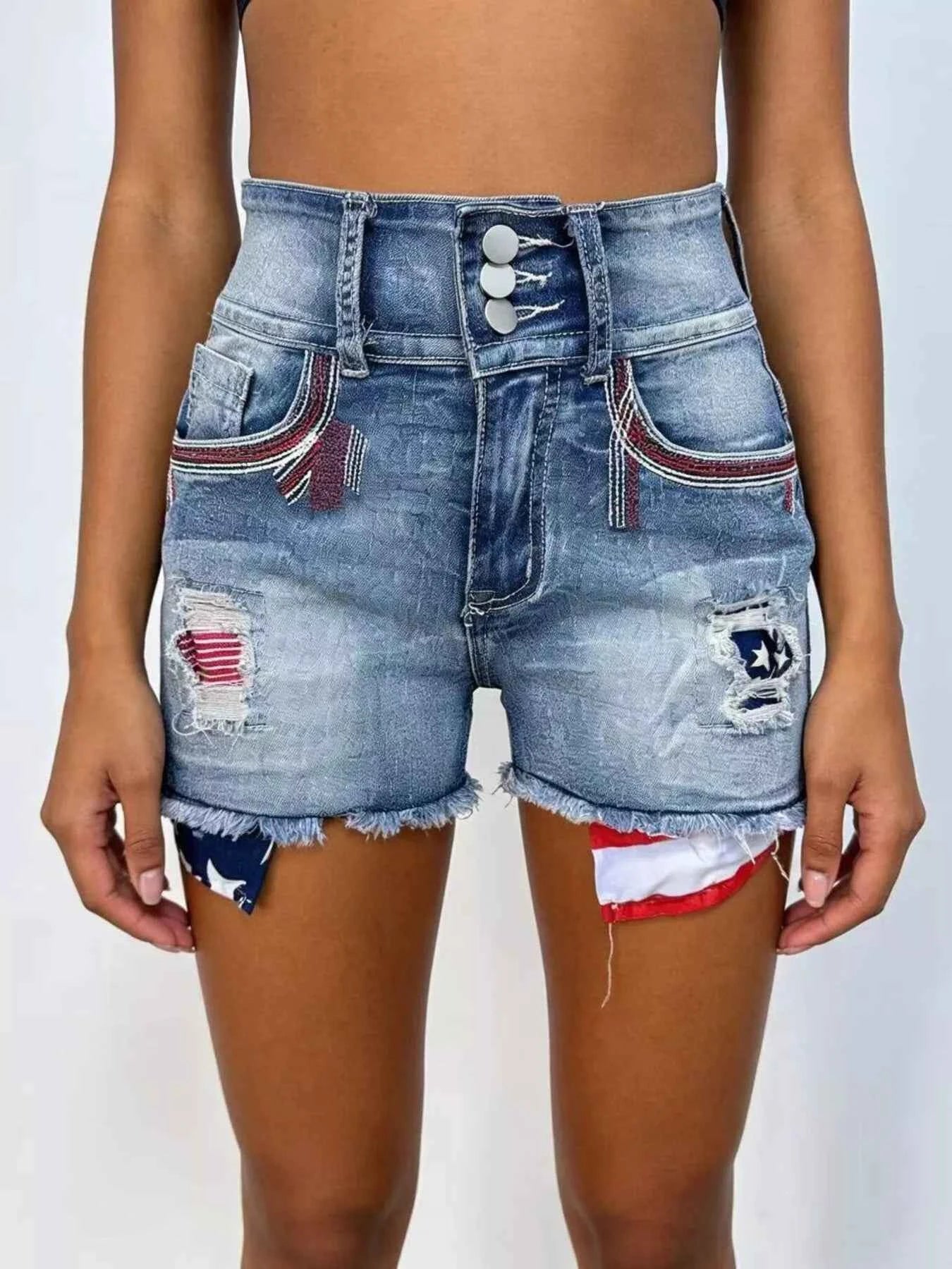 American Flag Distressed Denim Shorts