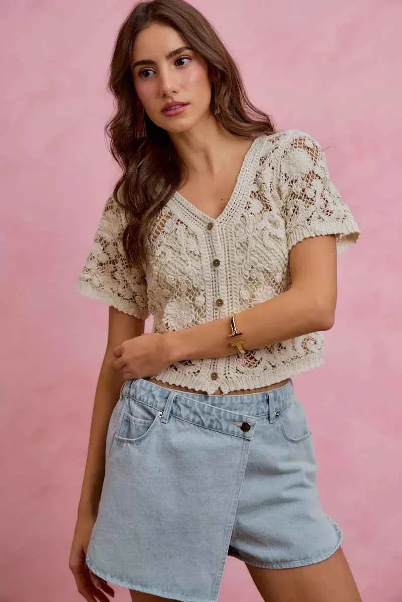 Light Washed Vintage Finish Denim Wrap Skort by So Me