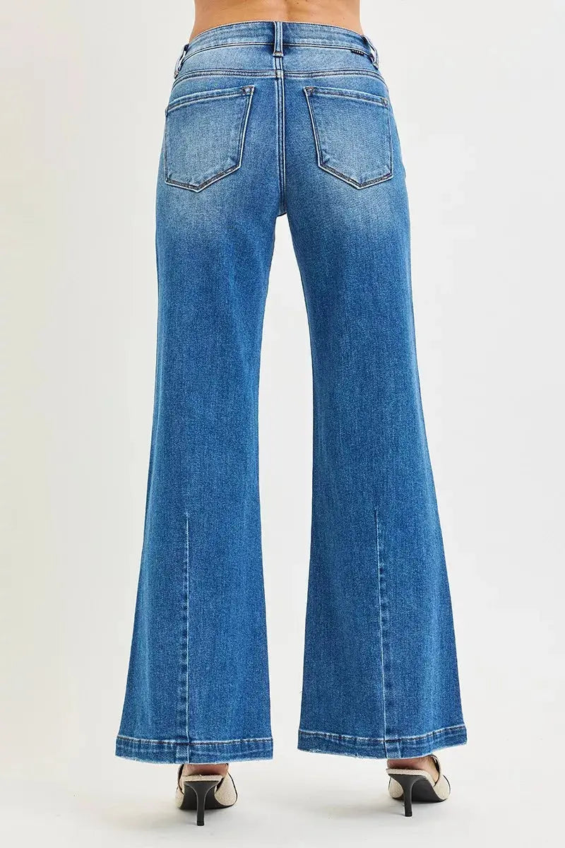 RISEN Jeans - Full Size Mid Rise Wide Leg Jeans with Flared Look