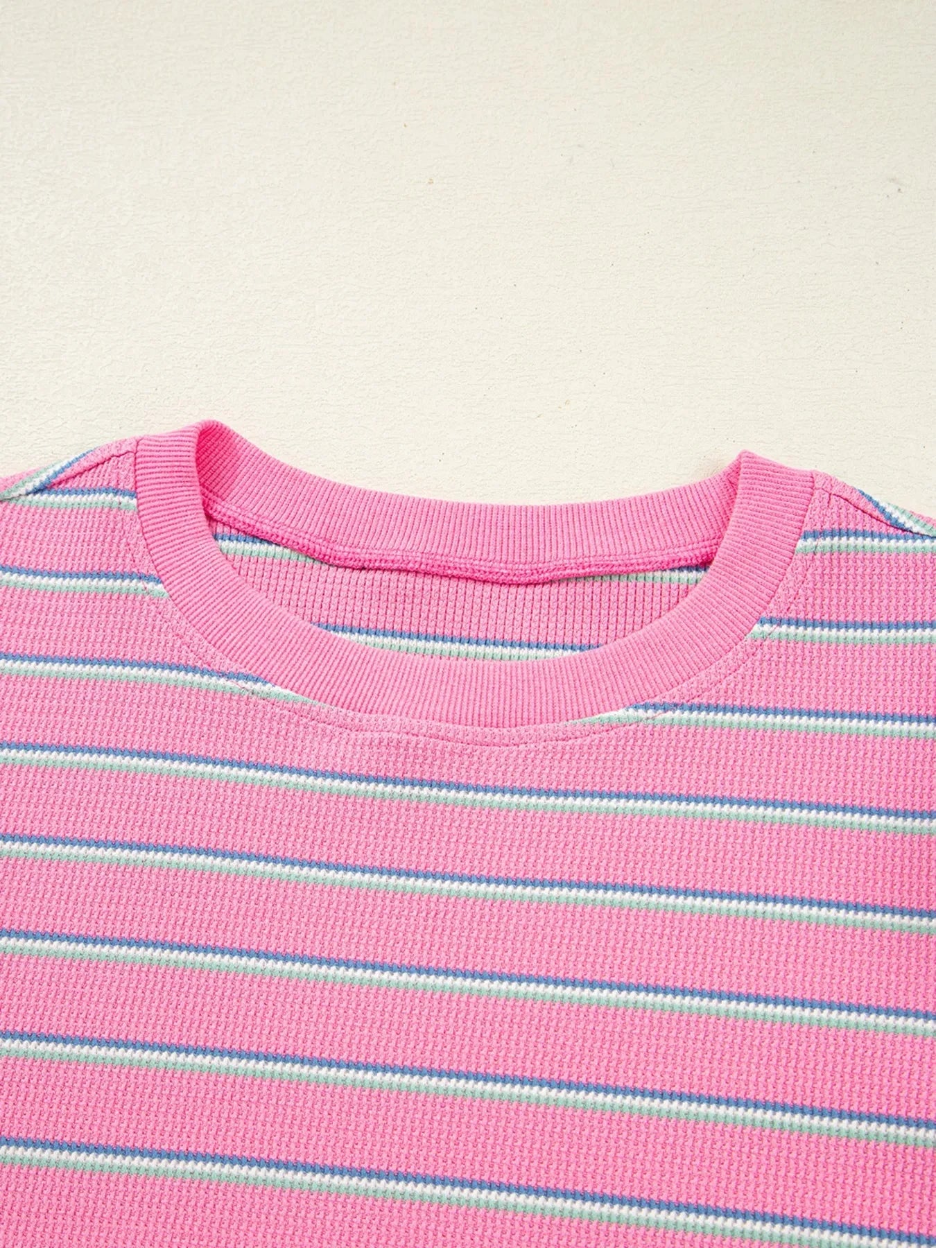 Striped Round Neck Textured Knit Long Sleeve Top