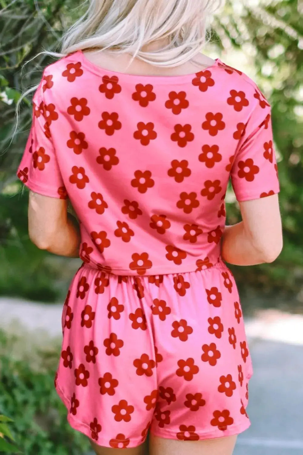 Pink & Red Floral Cropped Tee and Shorts Womens Loungewear Set
