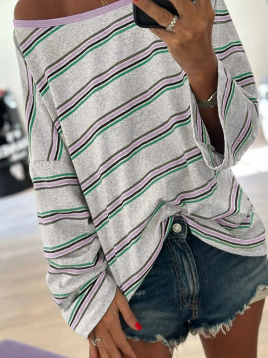 Casual Striped Oversize Drop Shoulder Long Sleeve Top