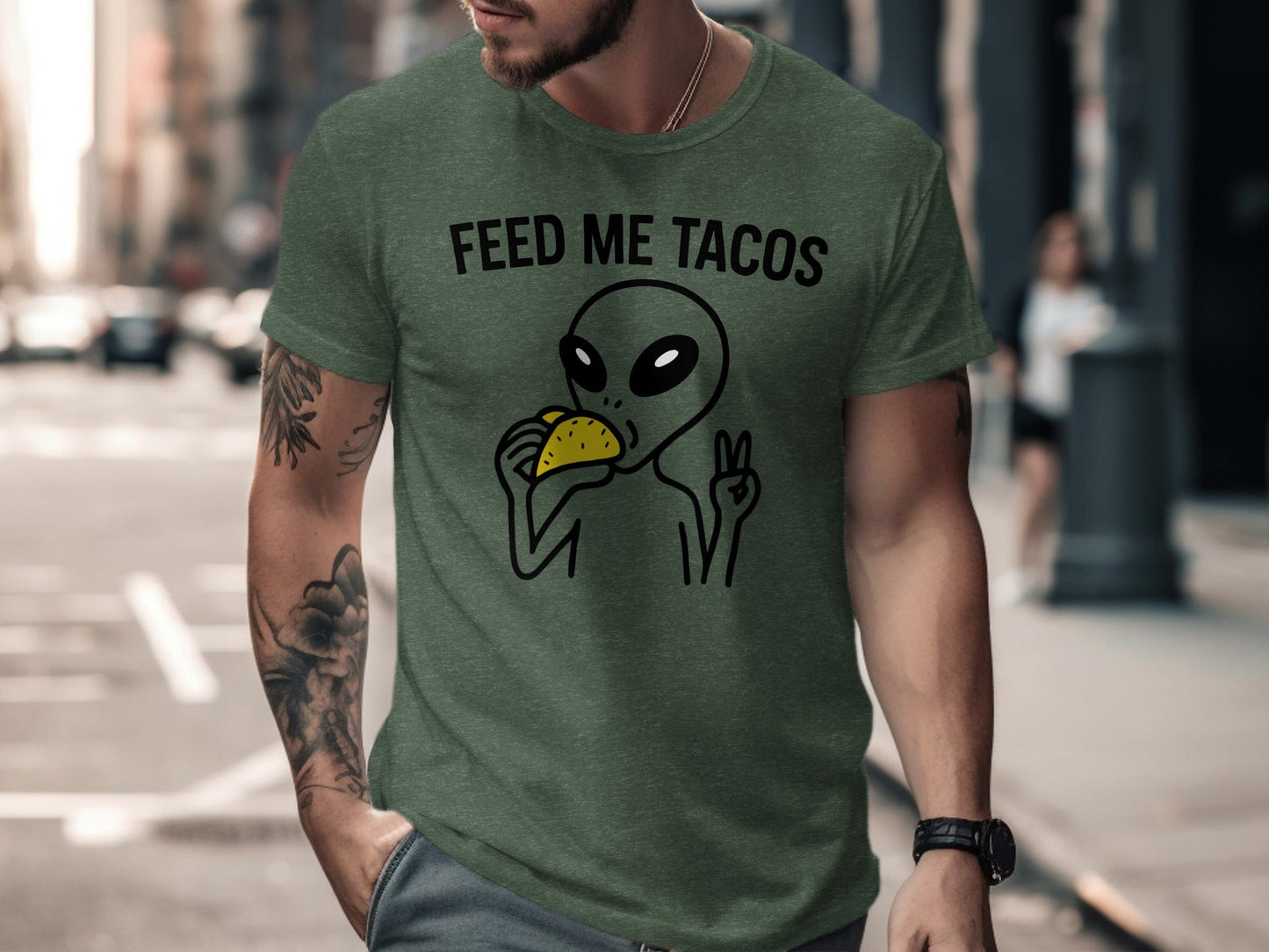 Feed Me Tacos Alien with Peace Sign Funny T-Shirt