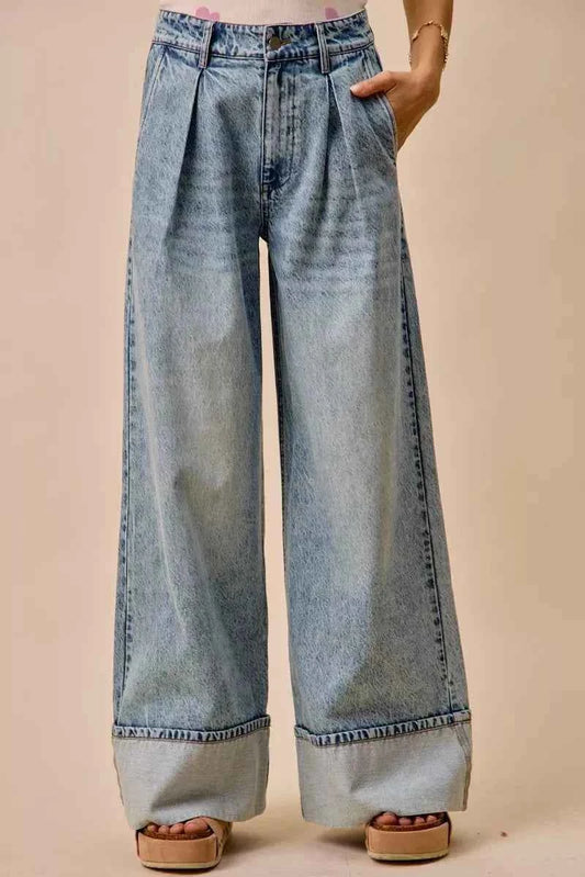 Mid Rise Pleated Wide Leg Denim Jean by So Me