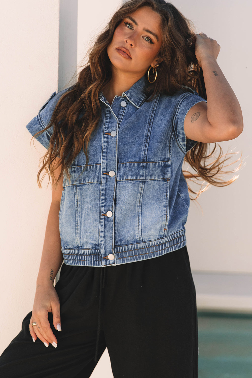 Blue Acid Wash Elastic Hem Button Up Denim Vest