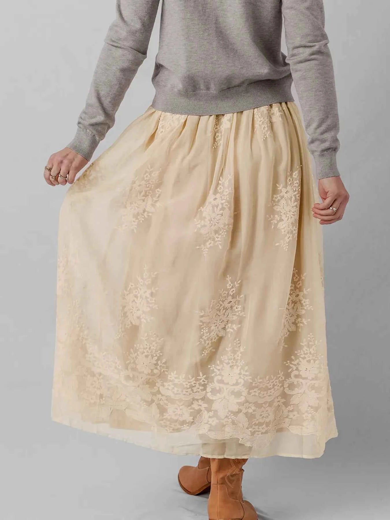 Embroidered Mesh Overlay Flowy Midi Skirt