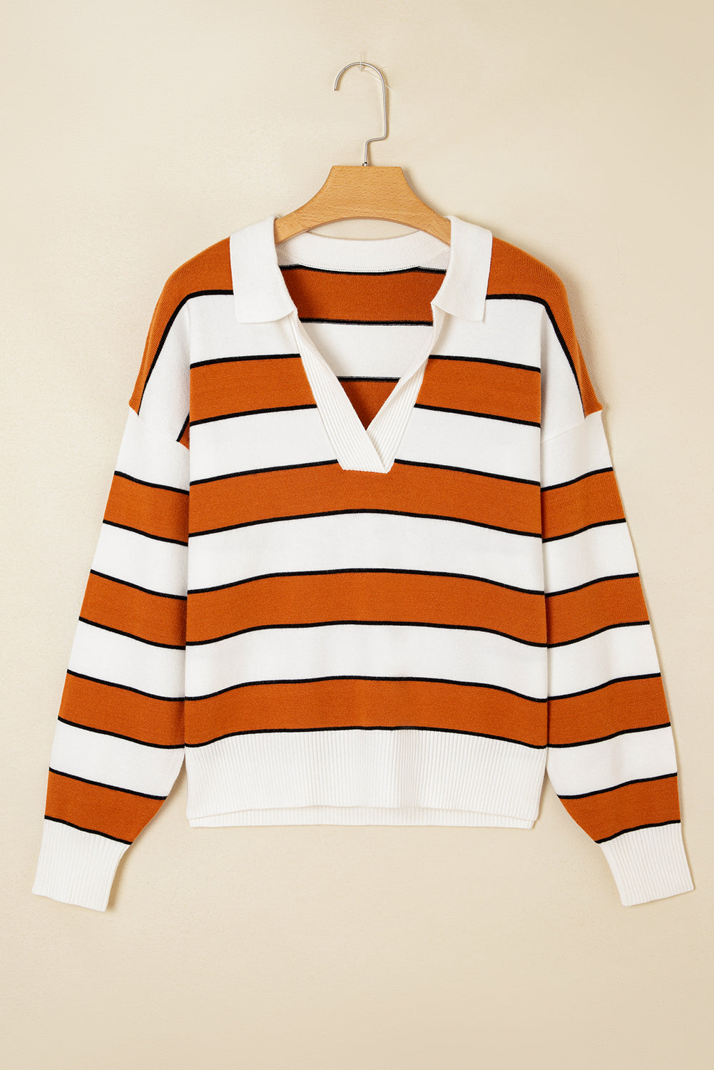 Stripe Ribbed Polo Collar Drop Shoulder Sweater