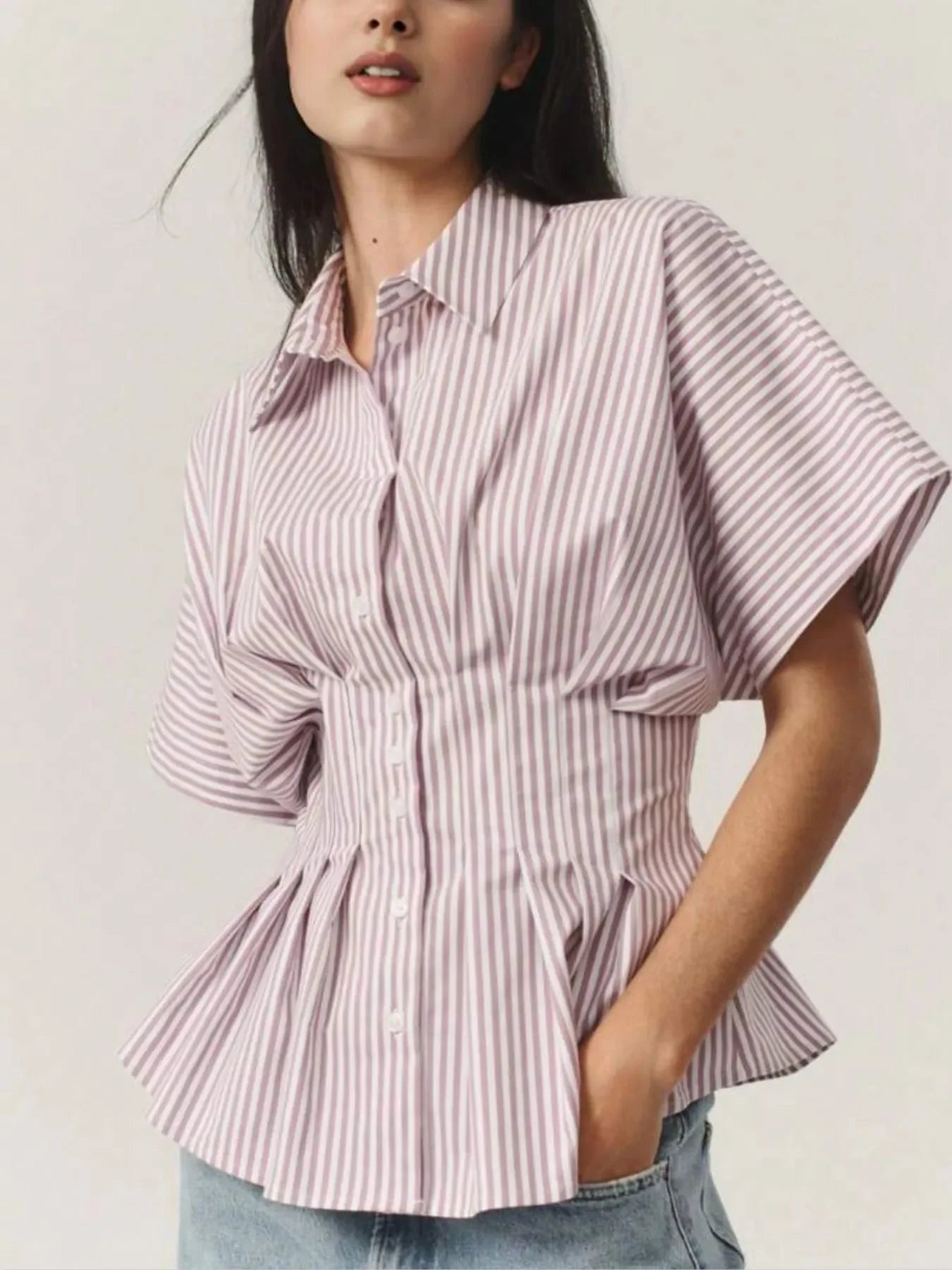 Pinstripe Puff Sleeve Cinched Waist Button Up Shirt