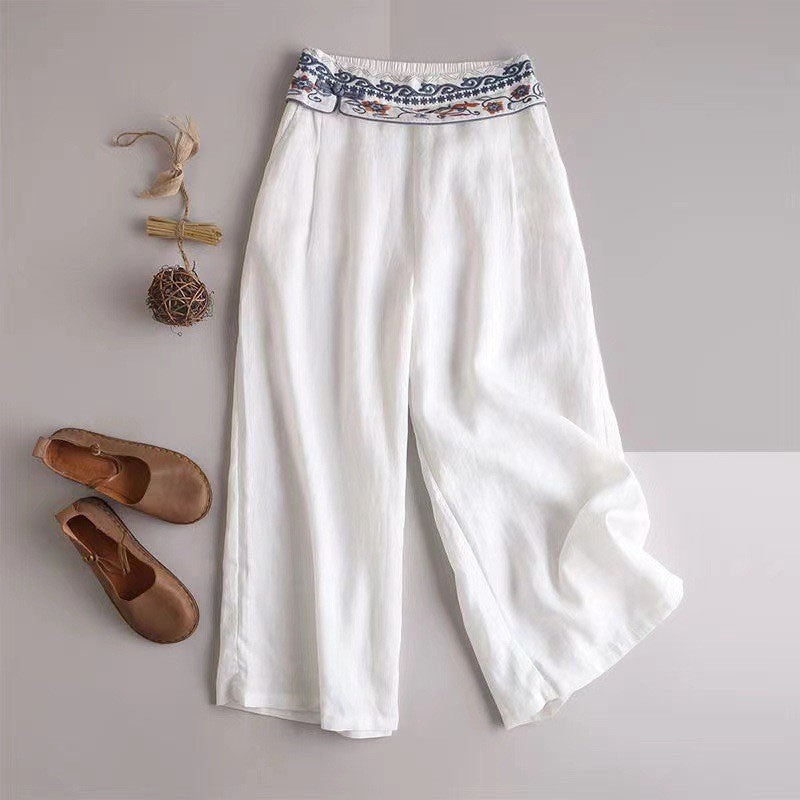 Embroidered Wide-Leg Cotton and Linen Pants