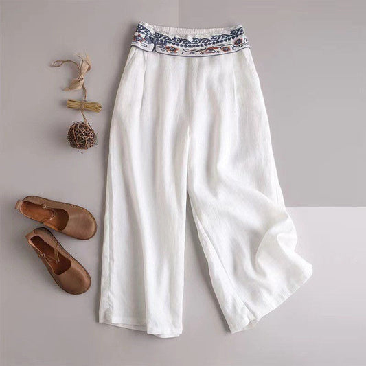 Embroidered Wide-Leg Cotton and Linen Pants