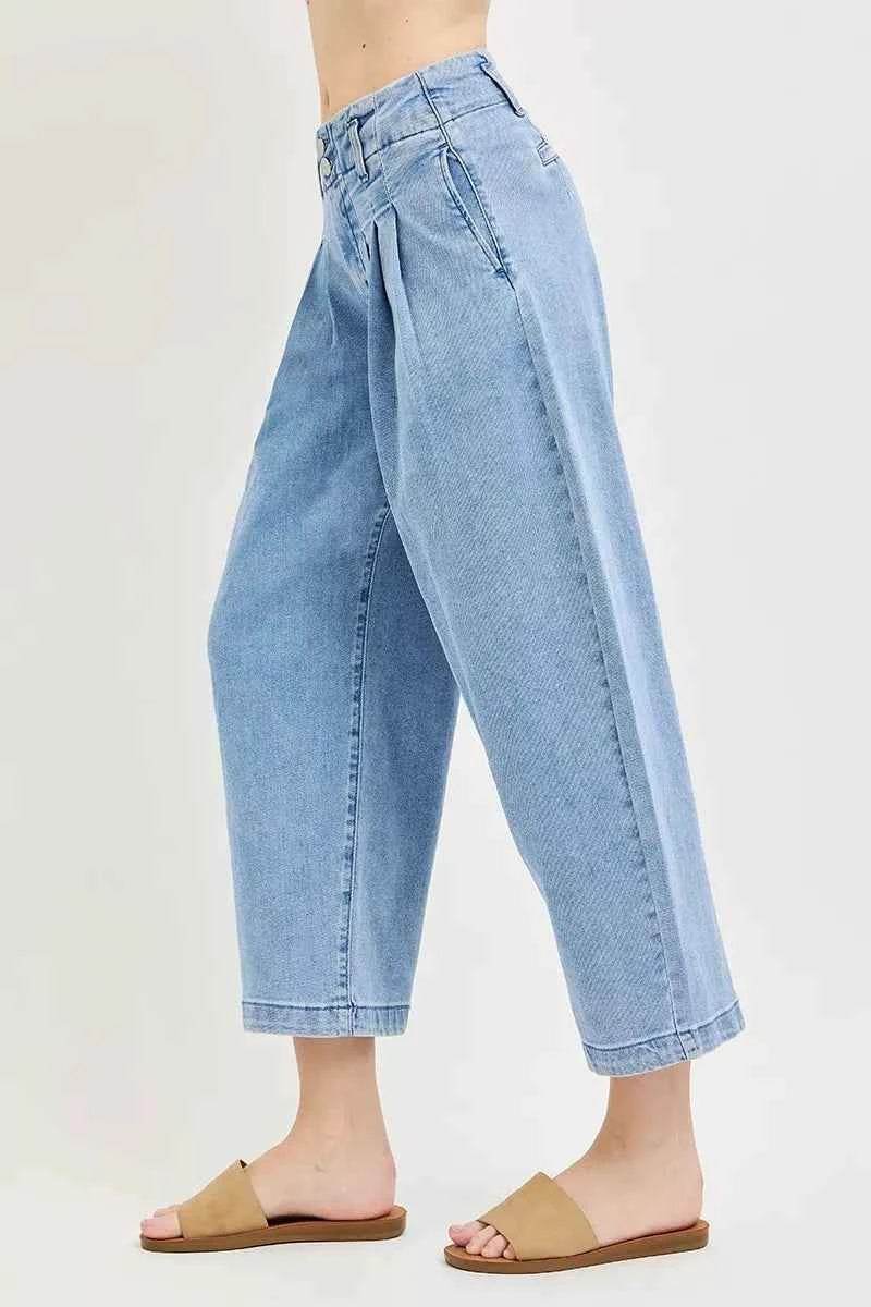 RISEN Slouchy Crop Barrel Pleated Jeans