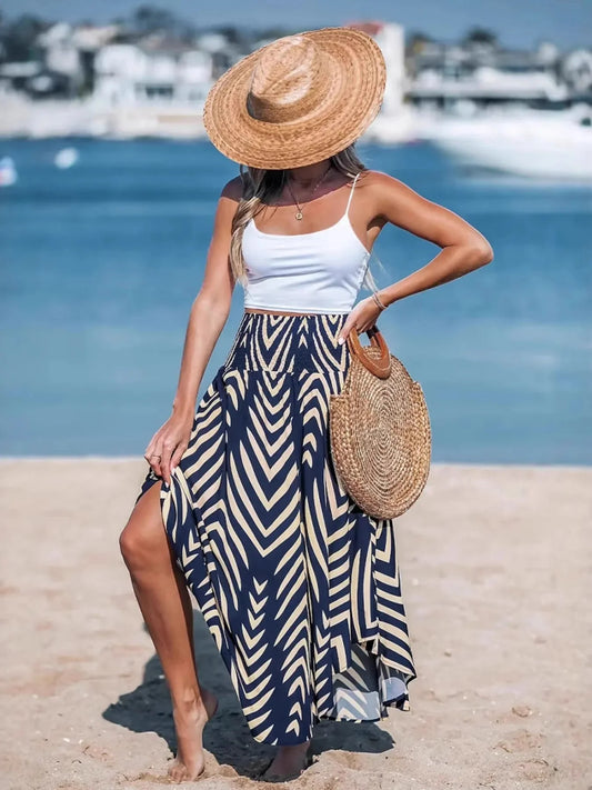 Navy and Cream Smocked Chevron Print High Waist Maxi Skirt