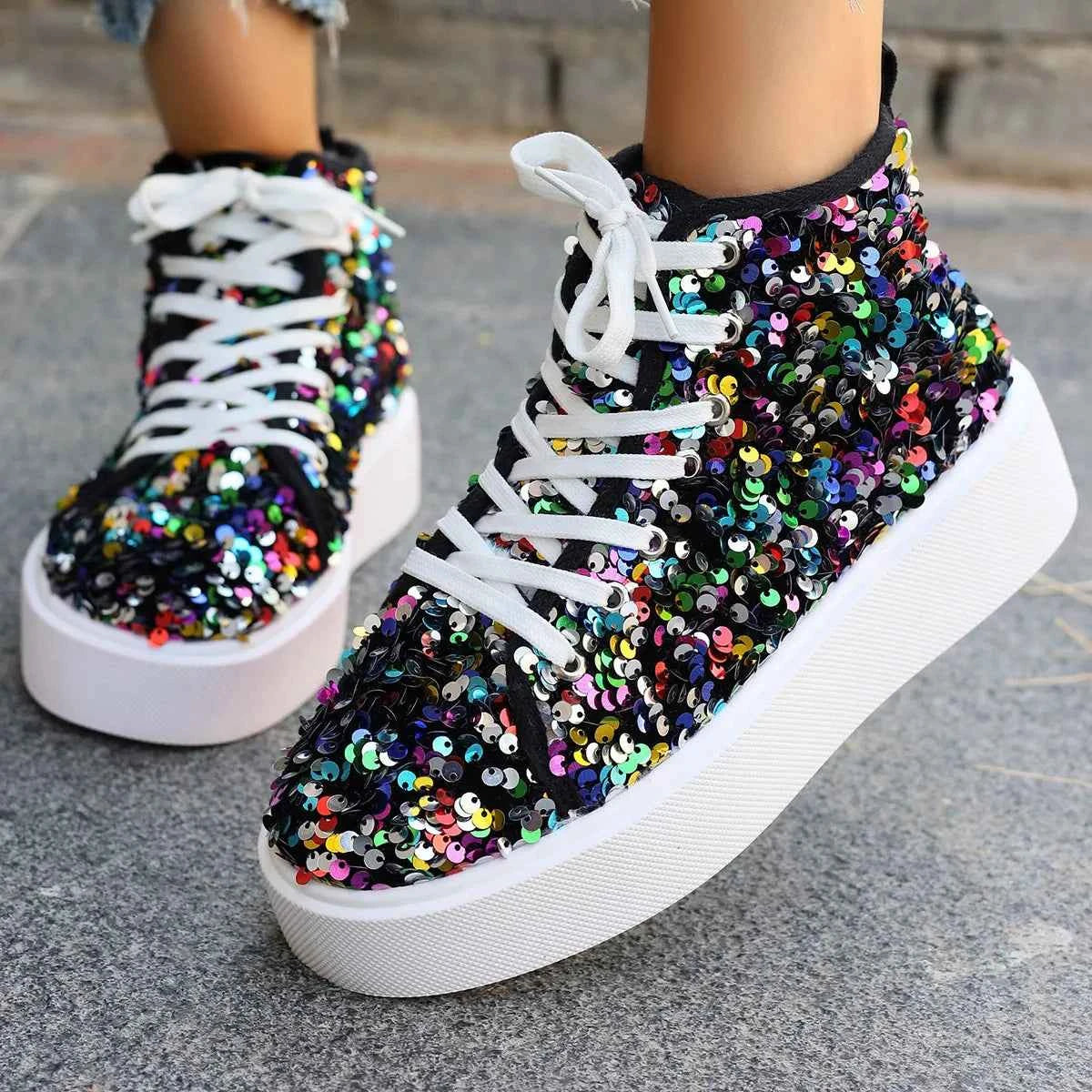 Sequin Round Toe Platform Sneakers