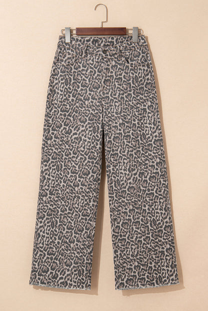 Brianna Leopard Frayed Edge Wide Leg High Waist Jeans