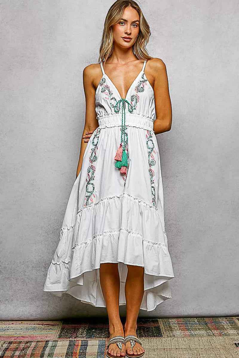 Ivory Embroidered Tassel Tie Smocked Waist Midi Tiered Cami Dress |POL