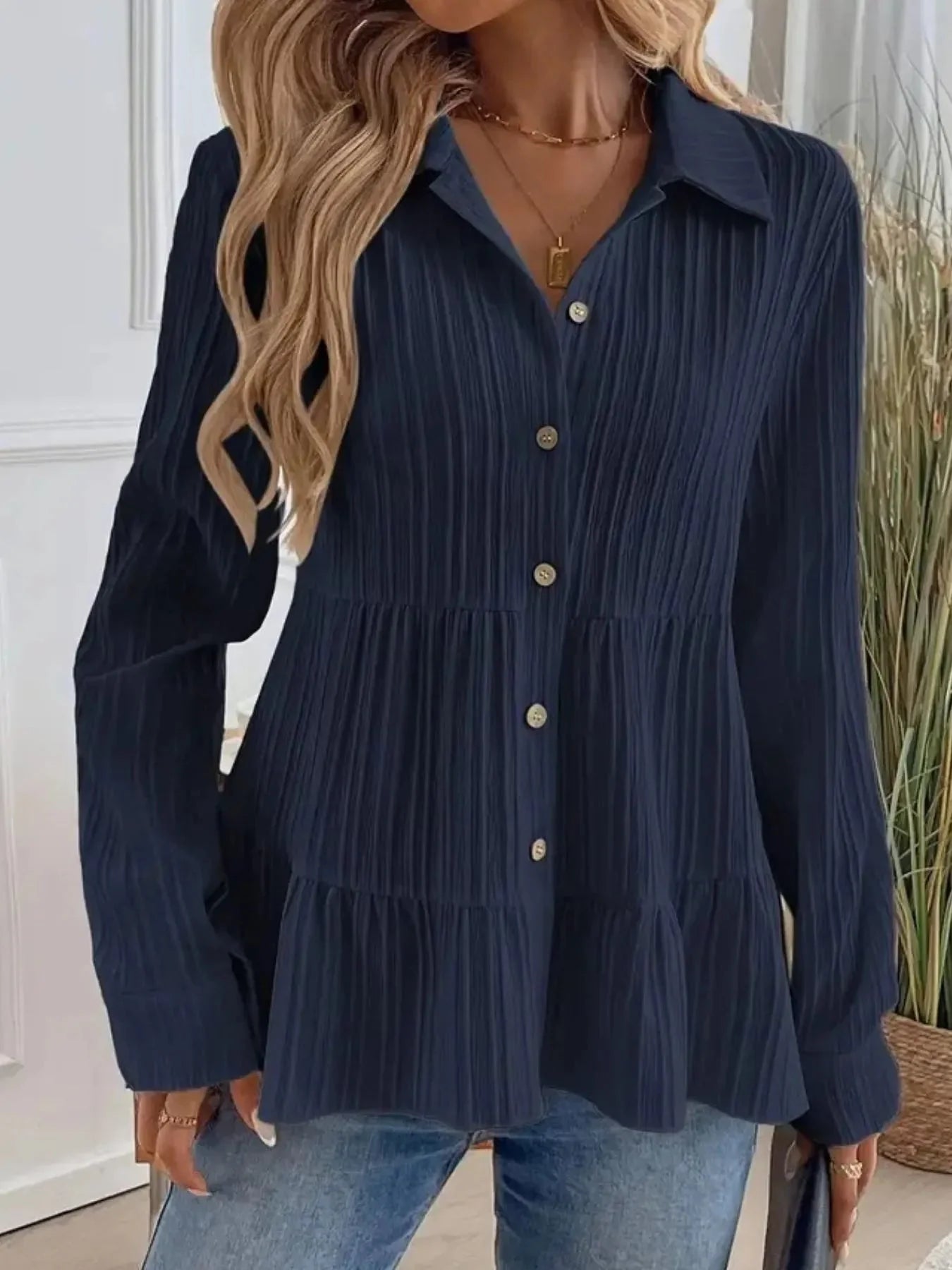 Striped Tiered  Button Down Shirt