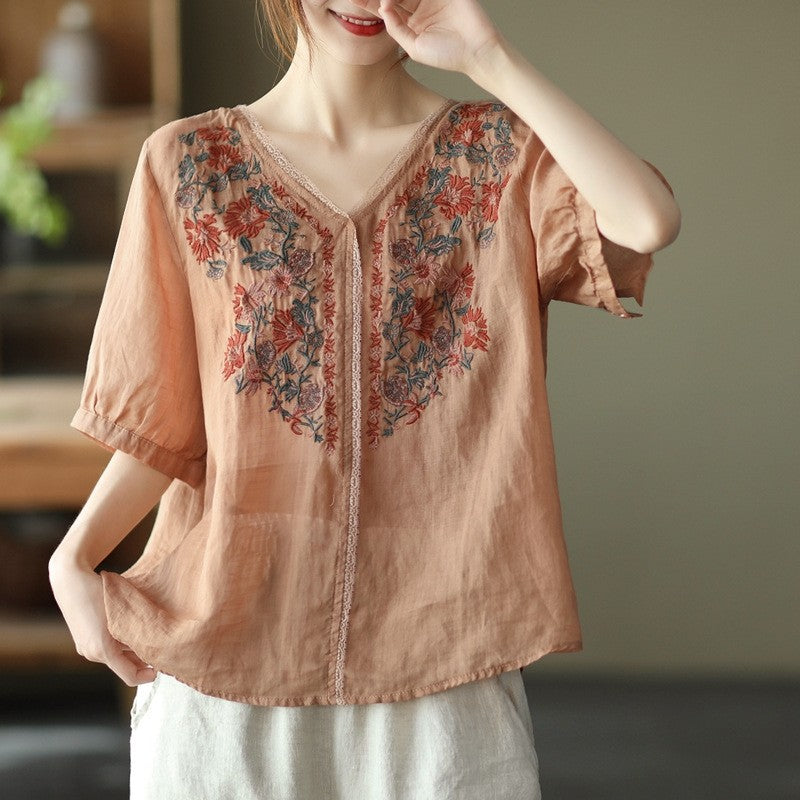 Loose-Fit Short-Sleeve Vintage Art Embroidery Pullover
