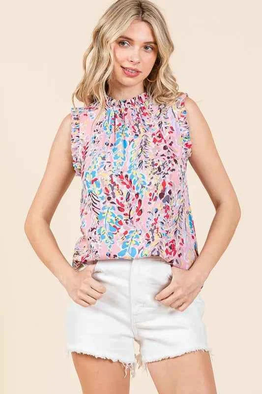 Lime 'N' Chili Full Size Graphic Print Ruffle Trim Mock Neck Sleeveless Top Plus Size