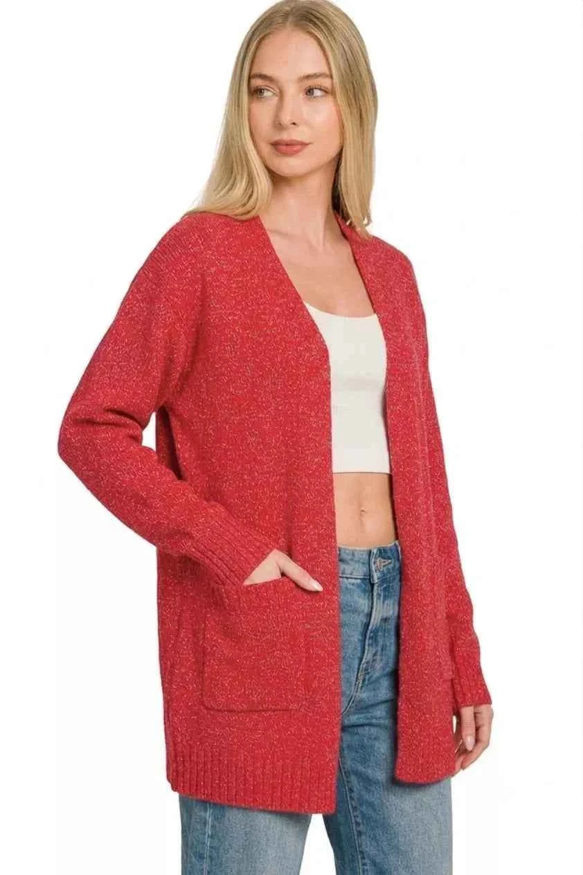 Ruby Red Open Front Sweater Cardigan by Zenana