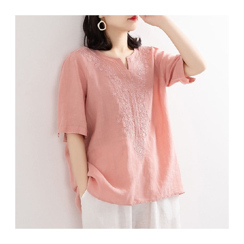 Embroidered Cotton Linen Blend Solid Color T-Shirt