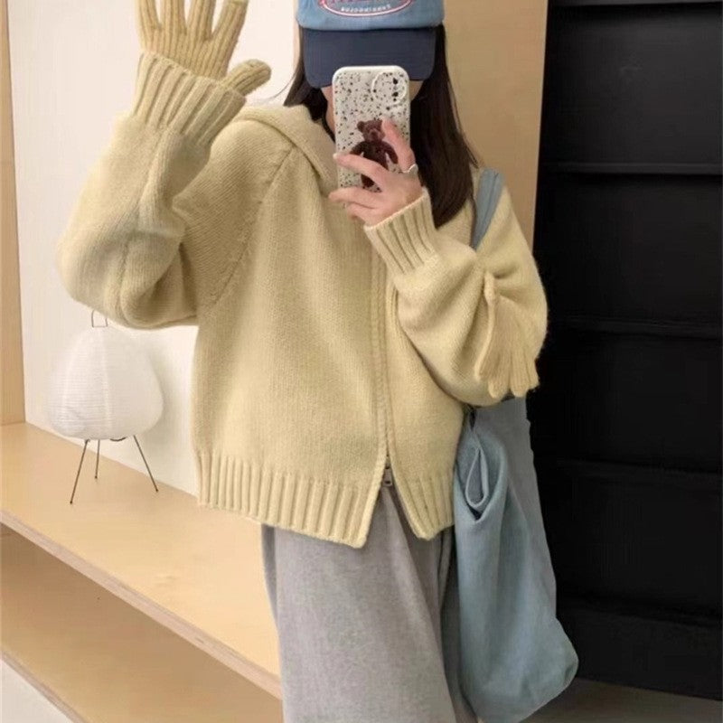 Solid Color Long Sleeve Hooded Zipper Knitted Cardigan Sweater