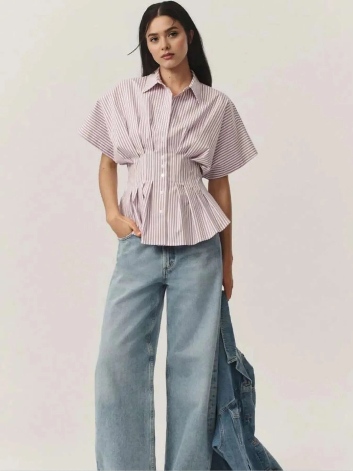 Pinstripe Puff Sleeve Cinched Waist Button Up Shirt